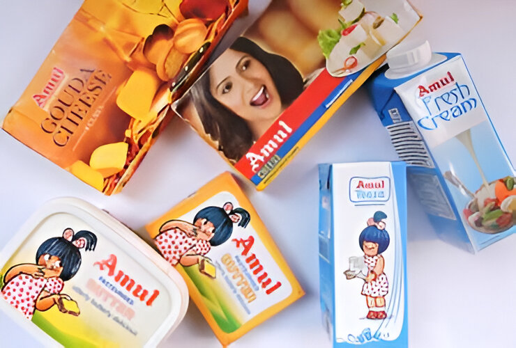 Famous Indian milk product brand Amul procucts on a white table